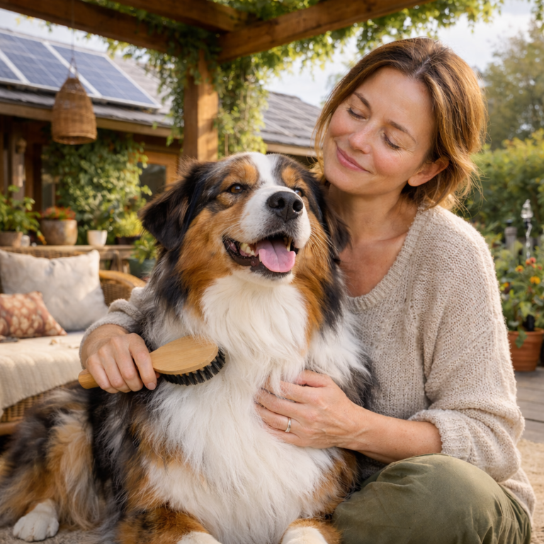 happy woman brushing her healthy dog