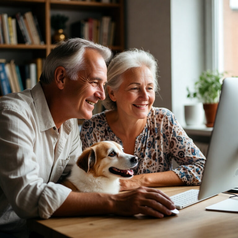 happy older couple choosing remedies for thier dog