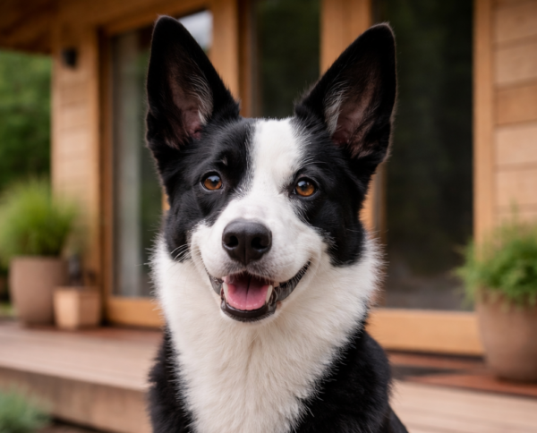 austrailian kelpi in front of house