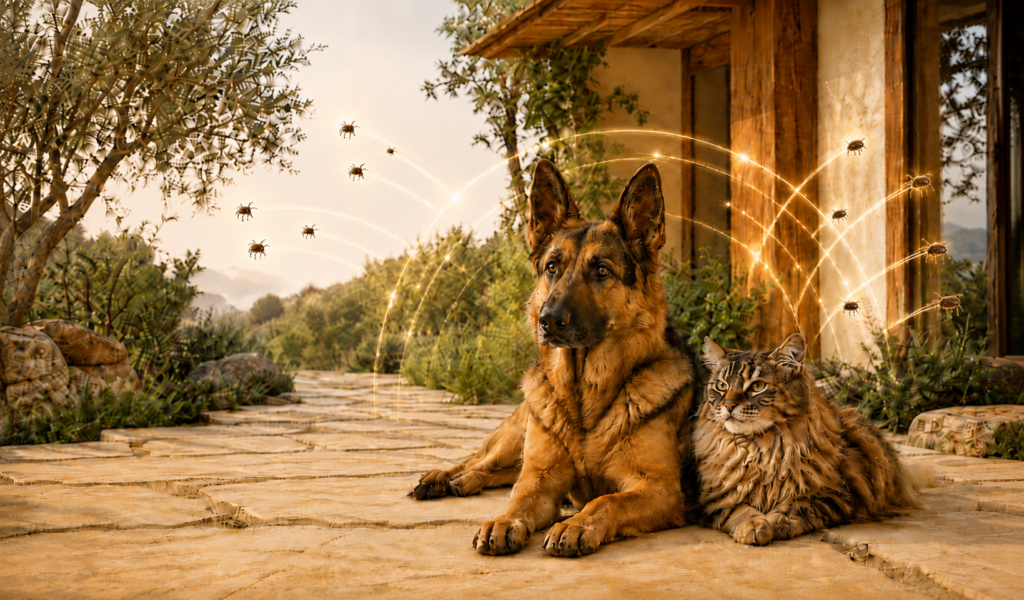 Holistic natural flea prevention for pets with a healthy German Shepherd and cat resting peacefully outdoors as subtle golden energy repels fleas and ticks.