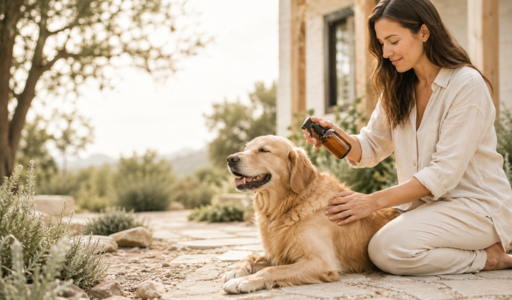 Holistic pet owner gently using a homemade natural spray bottle on a relaxed golden dog in a serene garden setting near a sustainable home.
