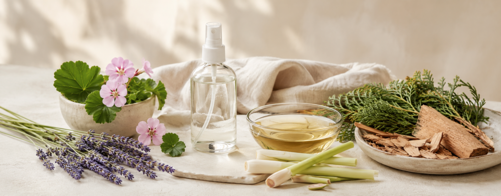 A serene natural materials arrangement with lavender, geranium blossoms, lemongrass, cedarwood, a glass bowl of botanical liquid, and an unlabeled spray bottle on a soft neutral surface for a DIY essential oil flea and tick repellent spray.