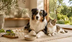 Healthy Australian Shepherd and relaxed cat resting together in a serene natural home setting, representing holistic pet immune system support.
