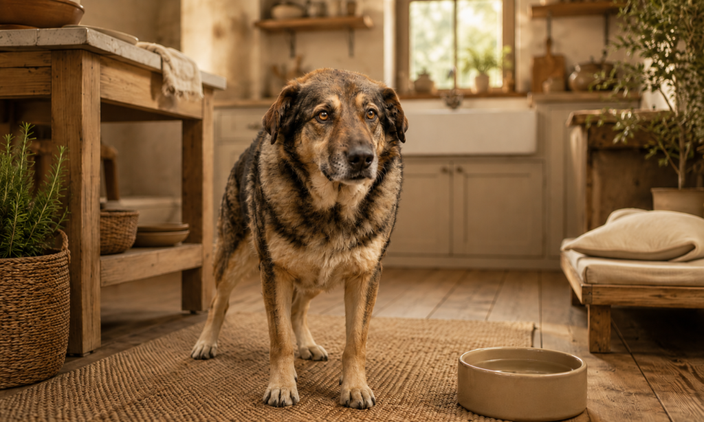Large mixed-breed rescue dog standing cautiously in a warm, sustainable farmhouse kitchen beside a water bowl, beginning to adjust to its new home.
