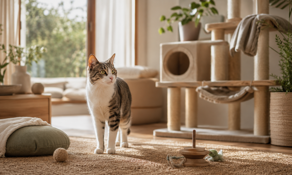 Newly adopted short-haired cat standing in a sunlit room of a sustainable home, looking around curiously near a cat tree, toys, and large windows.
