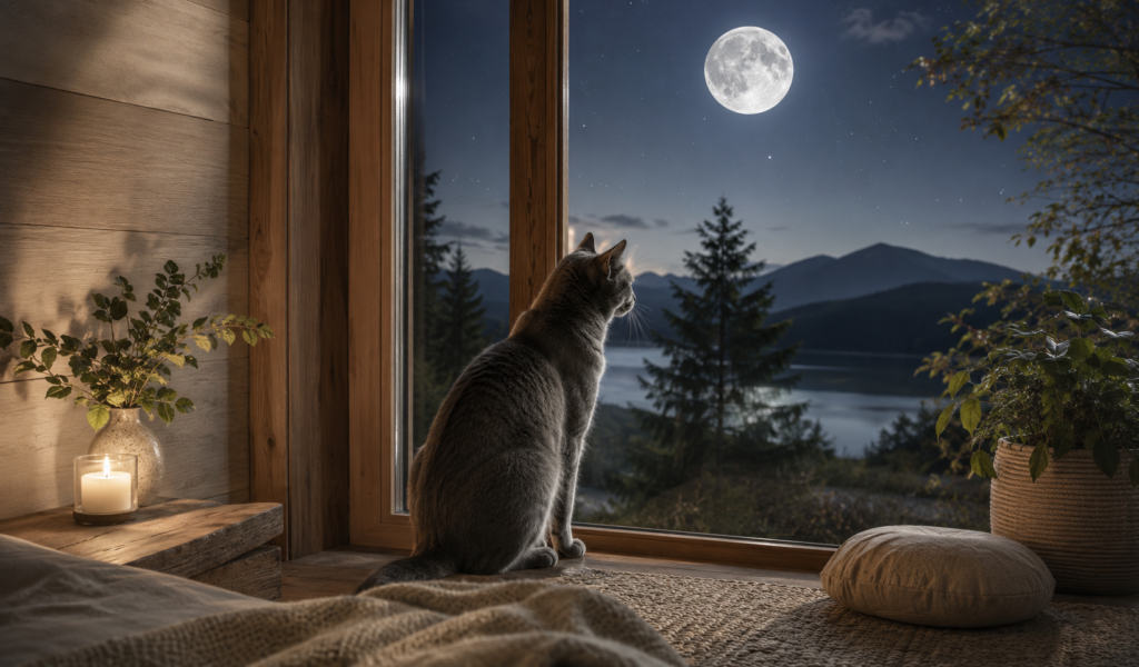 Short-haired gray cat quietly gazing at a luminous full moon through a large window in a warm, sustainable cabin home.