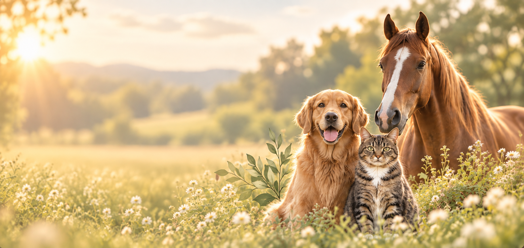 Golden retriever, tabby cat, and chestnut horse standing together in a sunlit wildflower meadow, with a soft green botanical sprig beside them and warm countryside in the background.