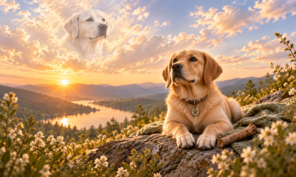 Golden Labrador lying on a rocky overlook at sunset with a stick beside its paws, gazing over a lake and mountain valley, while a smaller white Labrador appears softly in the glowing clouds above like a peaceful memorial presence.