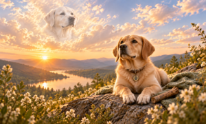 Golden Labrador lying on a rocky overlook at sunset with a stick beside its paws, gazing over a lake and mountain valley, while a smaller white Labrador appears softly in the glowing clouds above like a peaceful memorial presence.